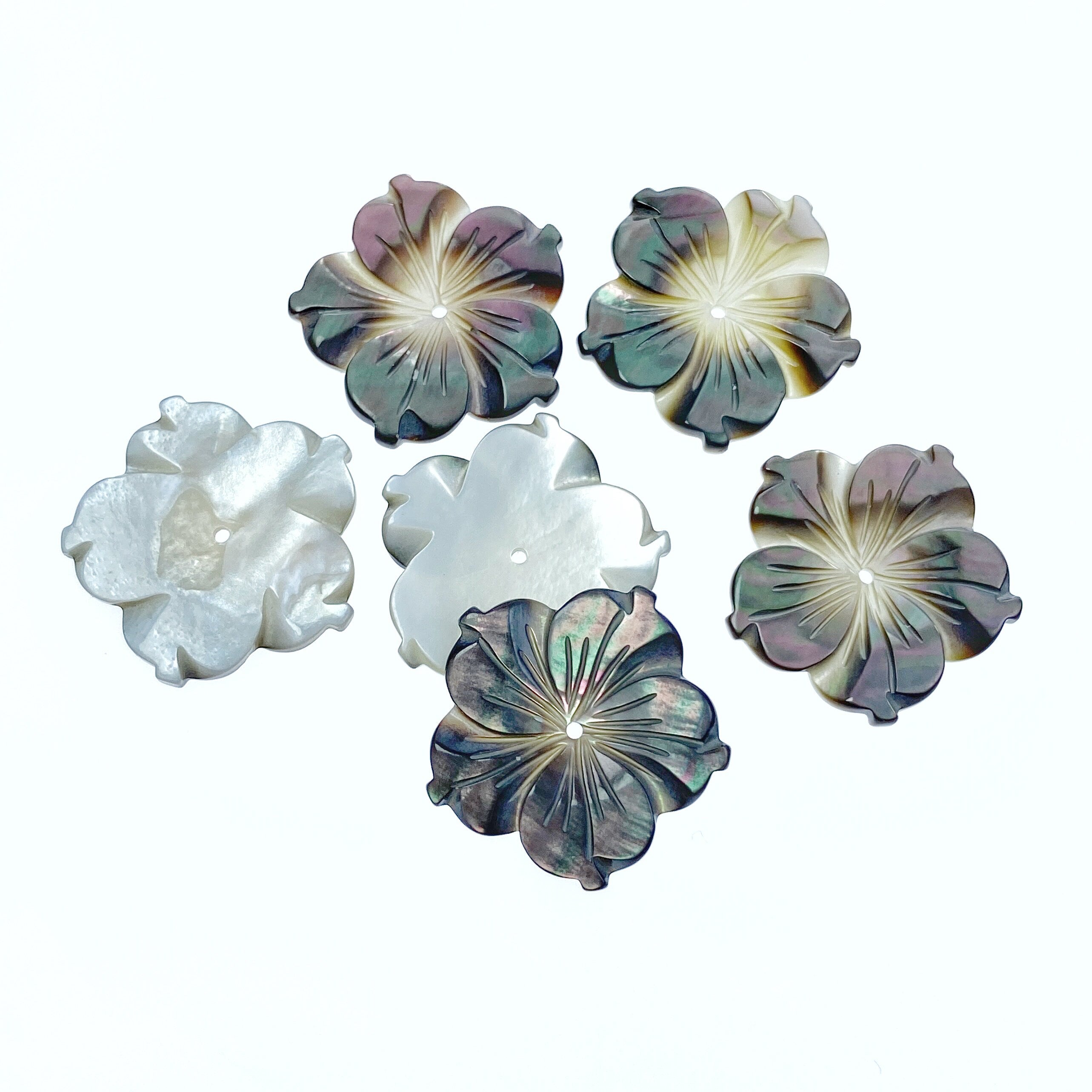 6pc 20mm Hand Carved Black Mother of Pearl Bauhinia Flower Beads BM-0075