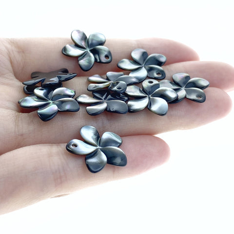 6pc Plumeria Flower Black Mother of Pearl Beads 17mm Hand Carved BM-0028