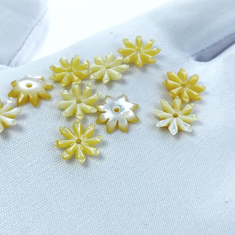 10pc Hand Carved Yellow Mother of Pearl Tropical Flower Shaped Beads Hawaiian Minimalistic Design For Earrings DIY Jewelry Organic YM-0018