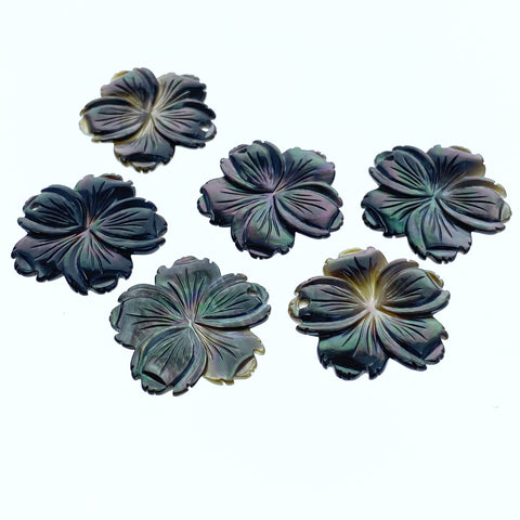 6pc 25mm Hand Carved Black Mother of Pearl 5-petal Flower Pendants BM-0014