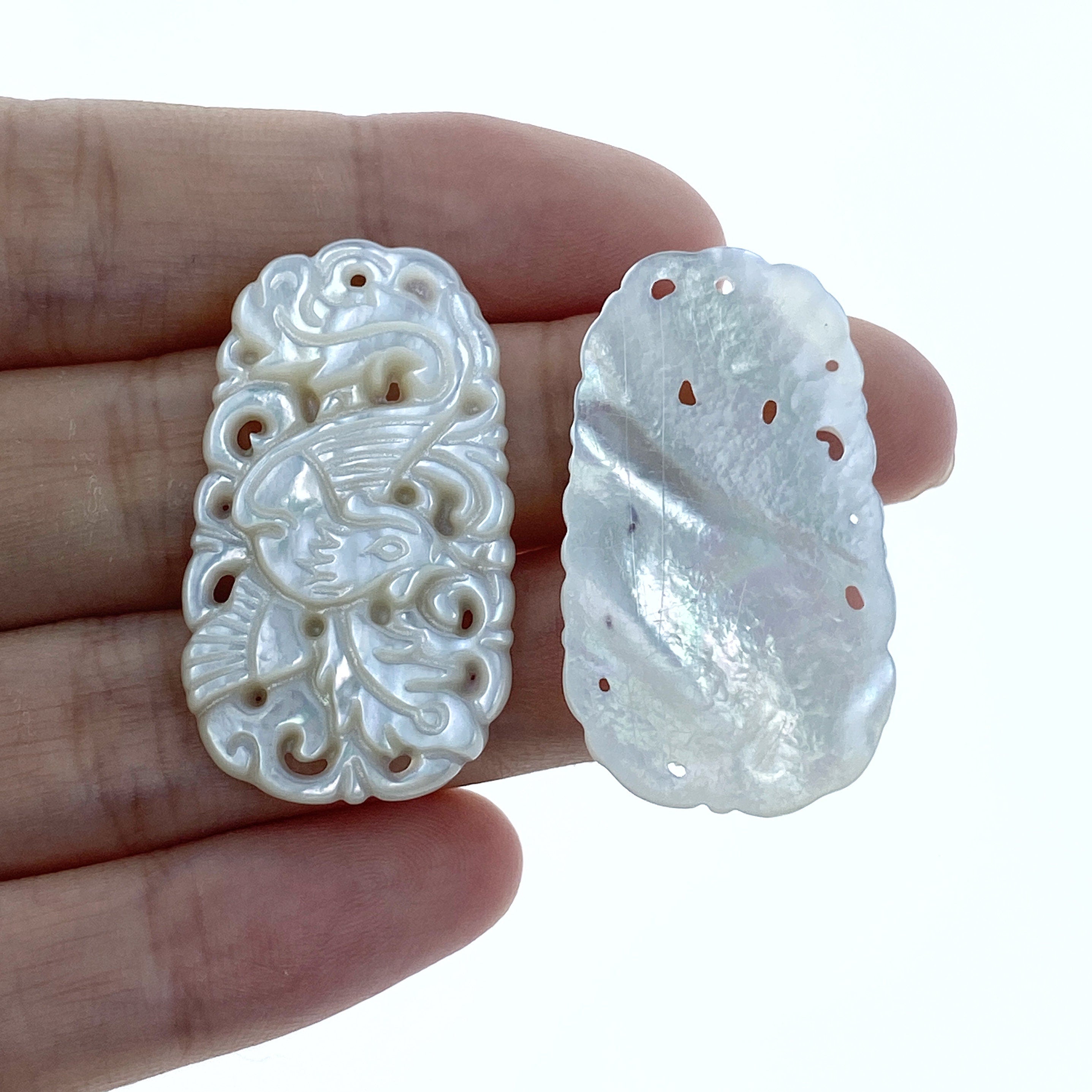 2pcs 20mm x 34mm Hand Carved White Mother of Pearl Chinese Phoenix Pendants WM-0066