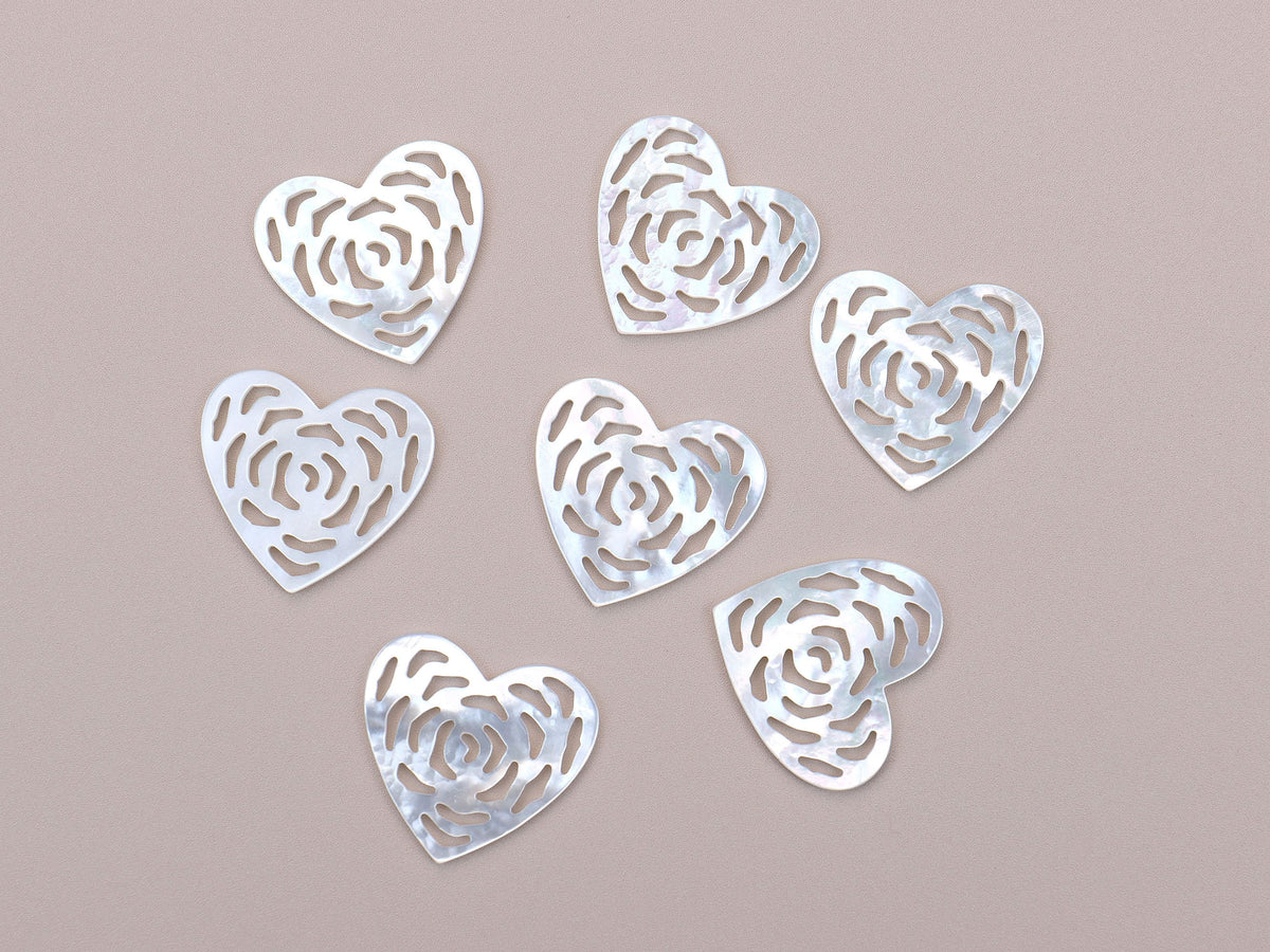 2pc Mother Of Pearl Heart Rose Filigree Charm Beads 24mm Pendants Hand Carved Natural Organic DIY Jewelry Earring Making Minimalist WM-0105