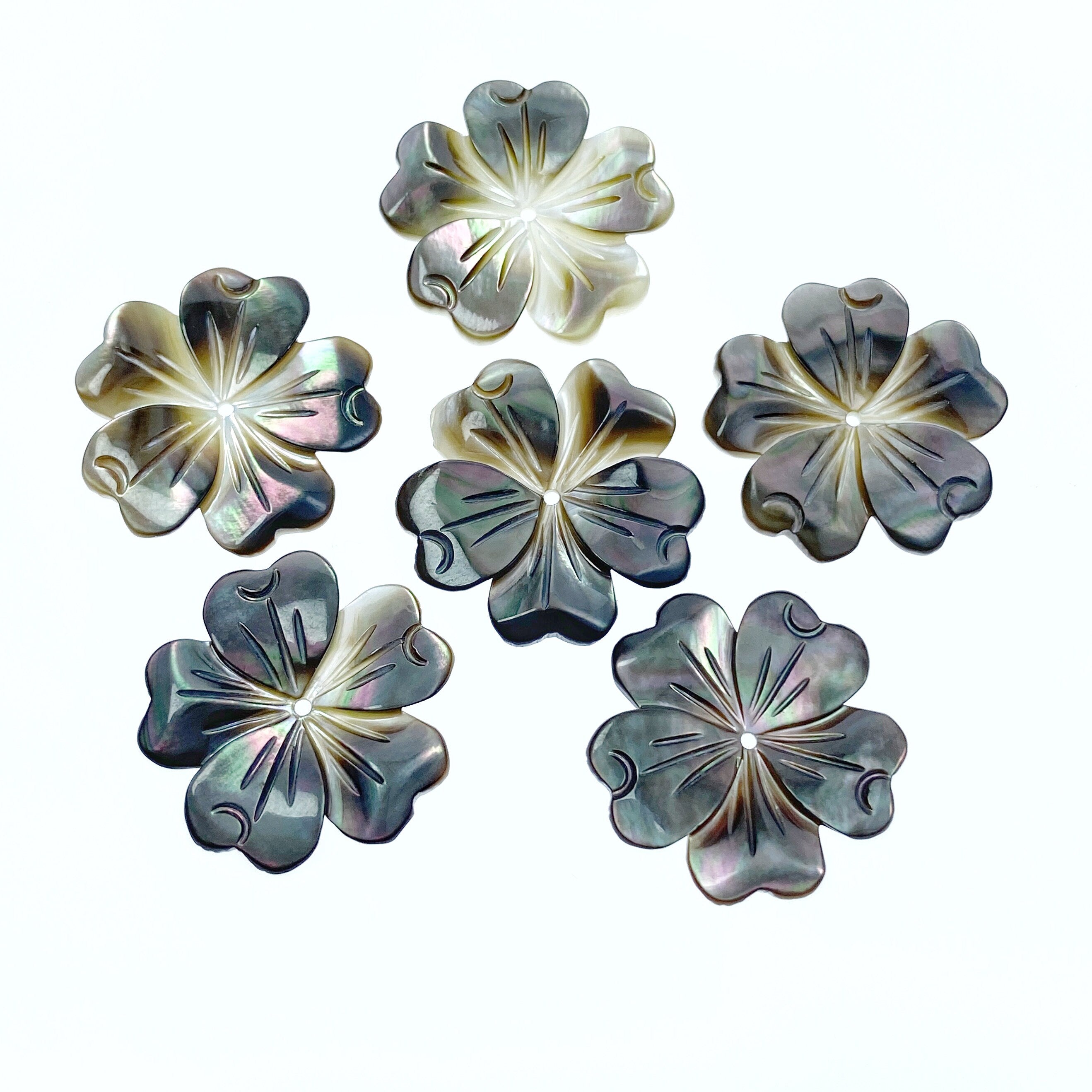 6pc 20mm Hand Carved Black Mother of Pearl 5-petal Flower Beads BM-0107