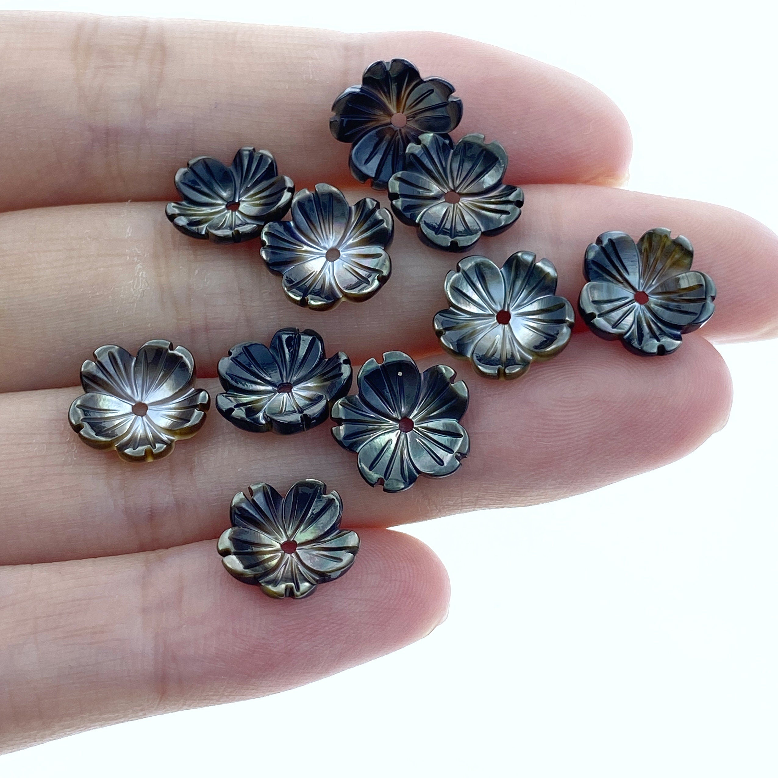 10pc Flower Beads Black Mother Of Pearl Beads Charms 10mm Hand Carved BM-0035