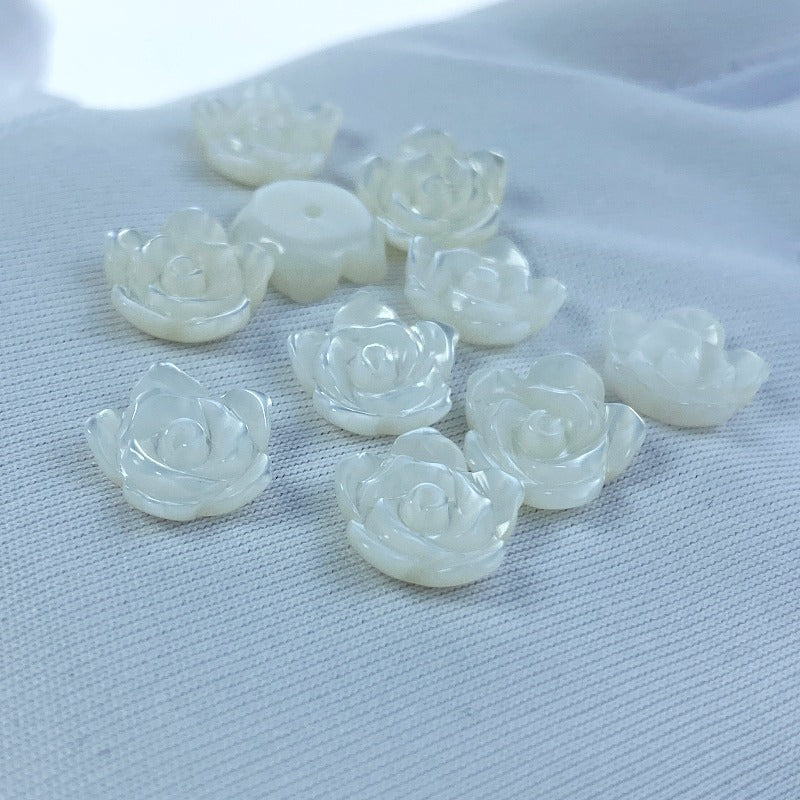 10pc Rose Flower Beads White Mother Of Pearl 10mm Hand Carved WM-0210