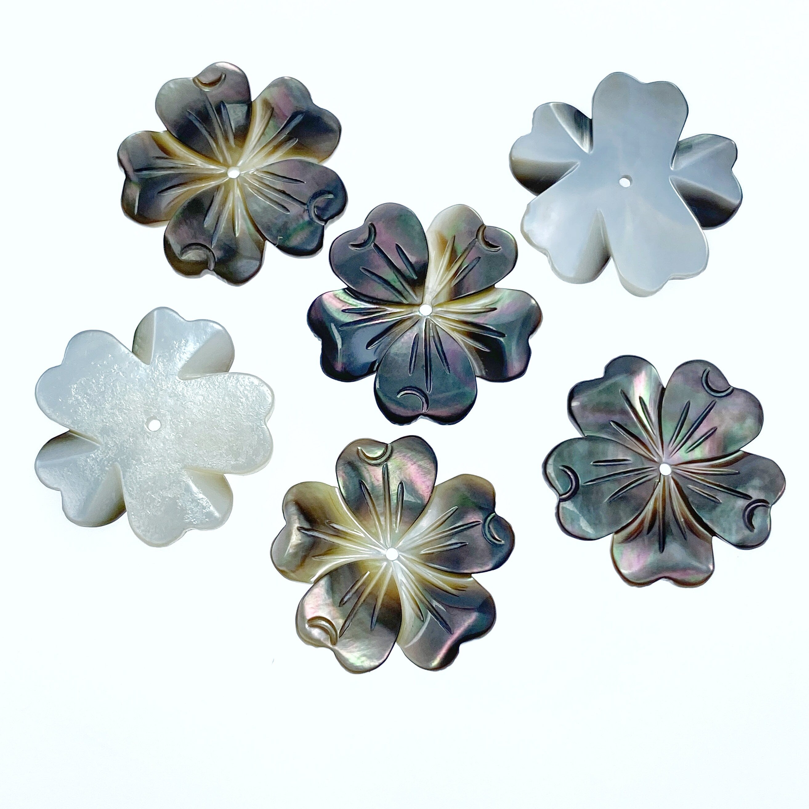 6pc 20mm Hand Carved Black Mother of Pearl 5-petal Flower Beads BM-0107