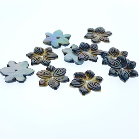 10pc Hand Carved Black Mother of Pearl 15mm 6-petal Flower Beads BM-0102