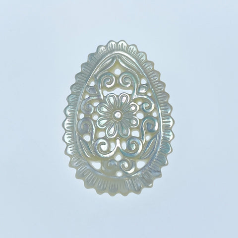 2pc 25mm x 35mm Natural White Mother of Pearl Filigree Drop Shape Flower Pendants WM-0159