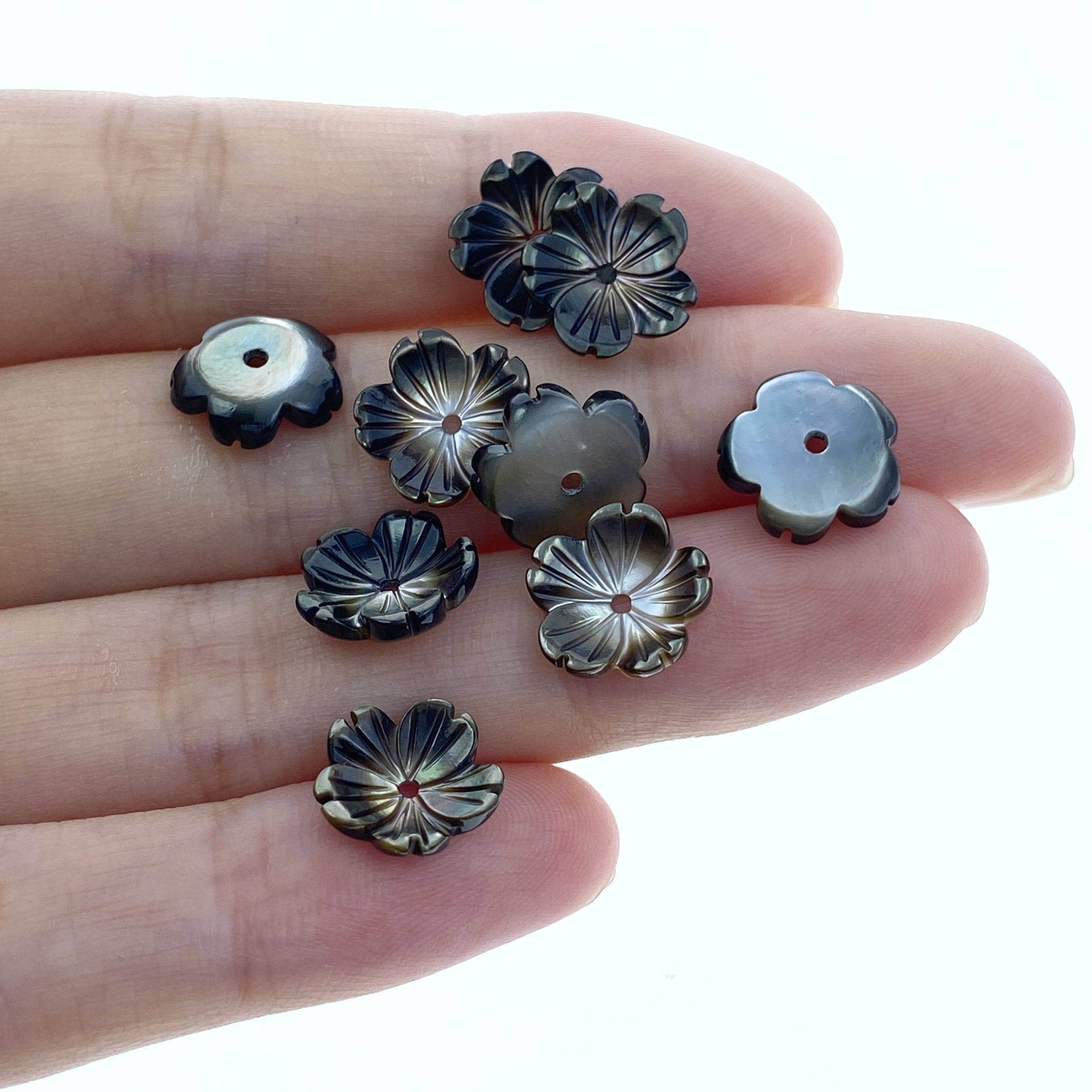 10pc Flower Beads Black Mother Of Pearl Beads Charms 10mm Hand Carved BM-0035