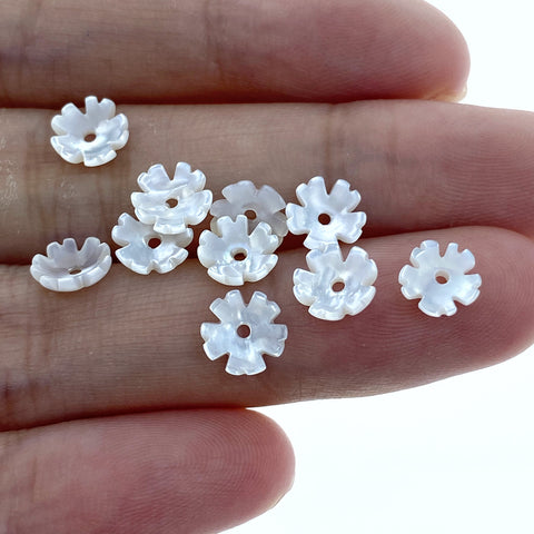 10pc 6mm Hand Carved White Mother of Pearl 5-petal Flower Bowl Beads WM-0026