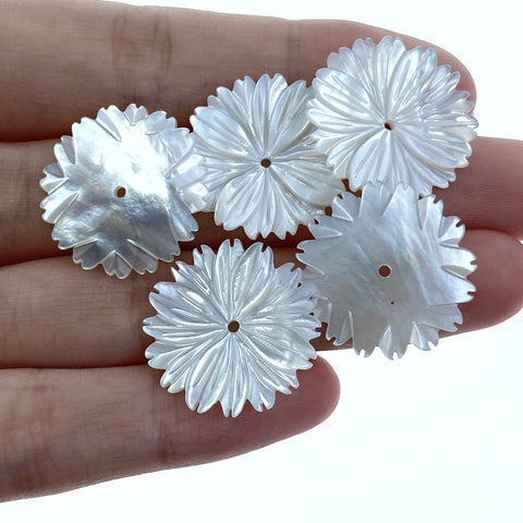 6pc Daisy Flower White Mother Of Pearl Beads Charms Pendants 21mm Hand Carved Natural Organic Bridal Minimalist For Jewelry Earrings WM-0025