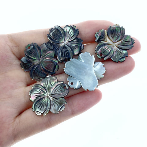 6pc 25mm Hand Carved Black Mother of Pearl 5-petal Flower Pendants BM-0014