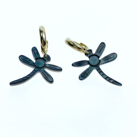 2pair 18mm x 20mm Hand Carved Black Mother of Pearl Dragonfly Charms Pendants BM-0060