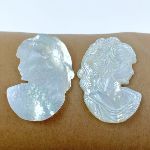 2pc White Mother of Pearl Hand Carved Victorian Woman Bust Cabochons WM-0030