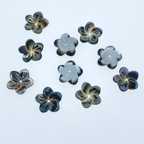 10pc Tropical Flower Black Mother Of Pearl Beads 10mm Hand Carved Hawaiian Flower CharmsBM-0020