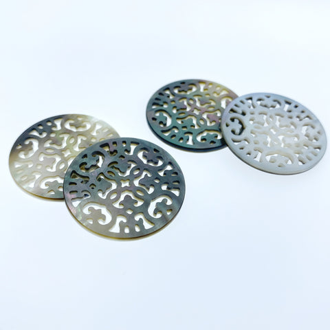 2pc Black Mother of Pearl Filigree Round Pendants 30mm Organic Hand Carved Minimalistic Design Earrings DIY Jewelry Beads BM-0052