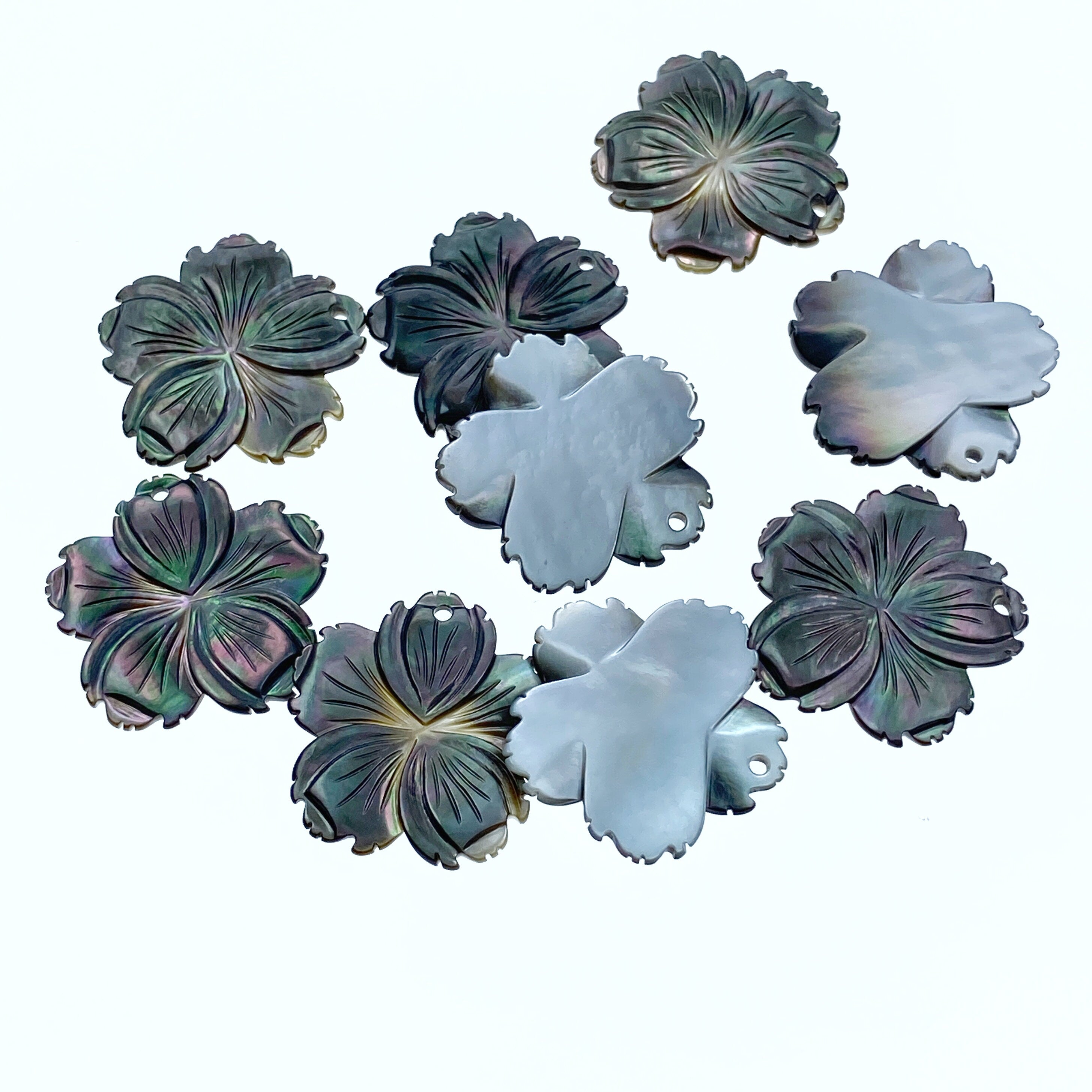 6pc 25mm Hand Carved Black Mother of Pearl 5-petal Flower Pendants BM-0014