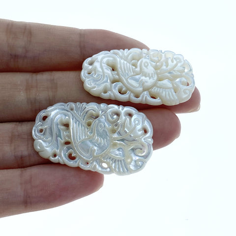 2pcs 20mm x 34mm Hand Carved White Mother of Pearl Chinese Phoenix Pendants WM-0066