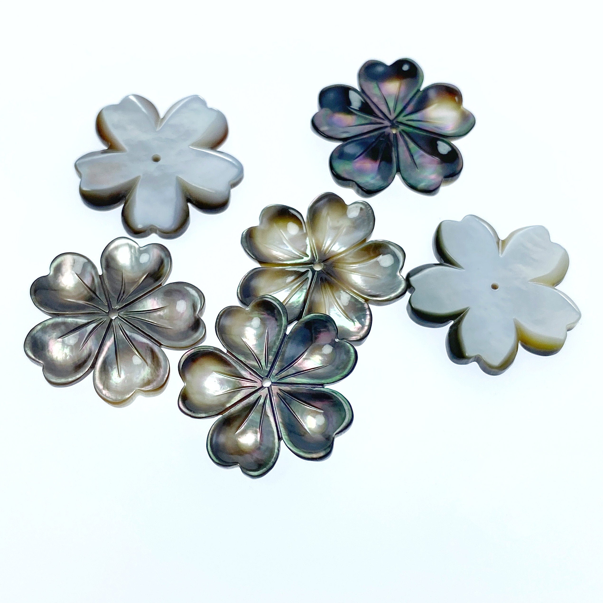 6pc Flower Beads Black Mother Of Pearl Flower 20mm Hand Made Natural Pearl BM-0082