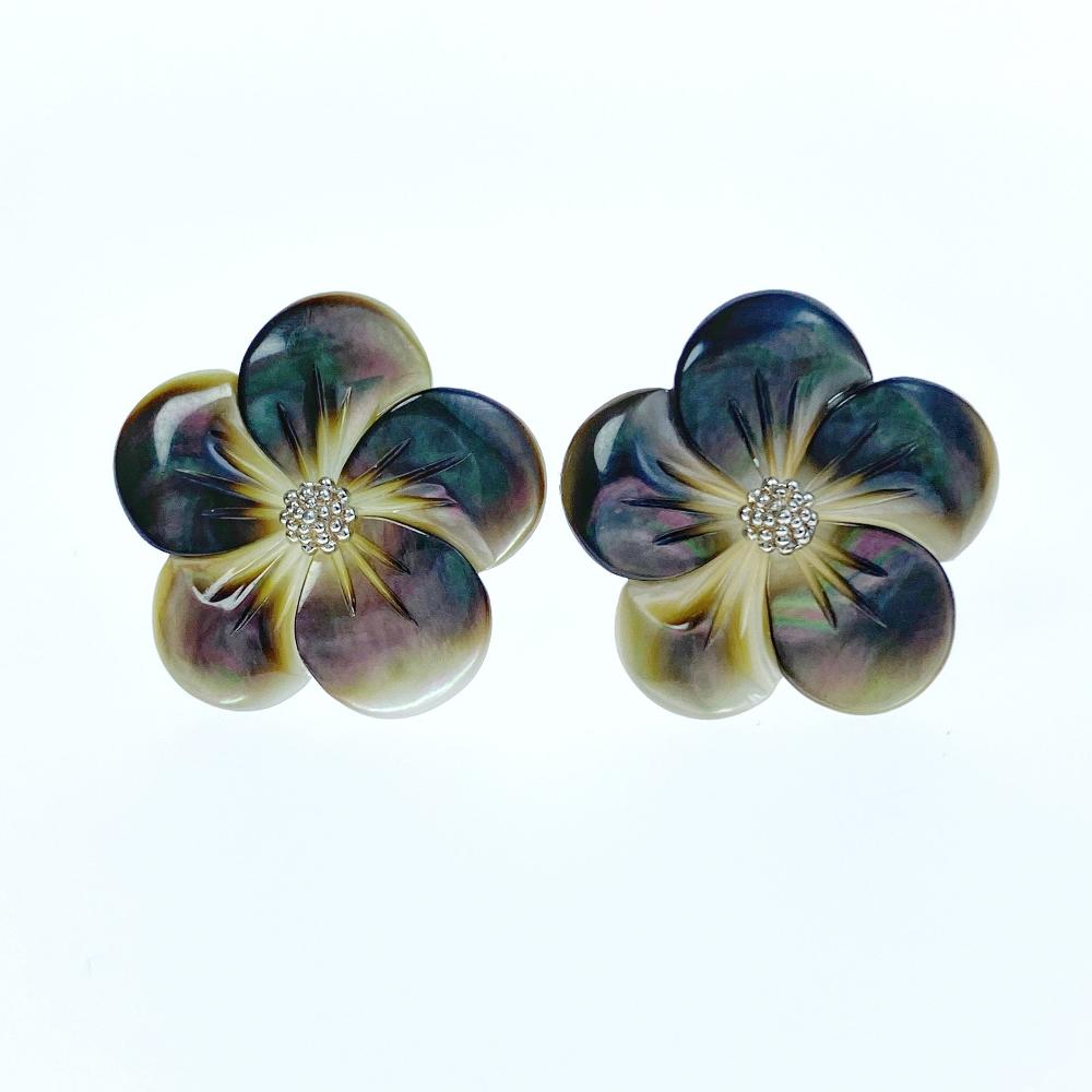 6pc 20mm Hand Carved Black Mother of Pearl 5-petal Flower Beads BM-0041