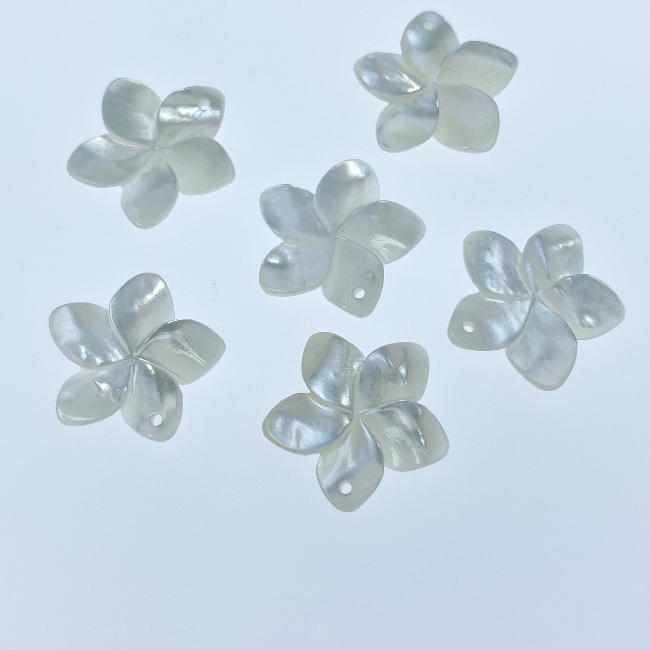 6pc 17mm Hand Carved White Mother of Pearl Plumeria Flower Pendants