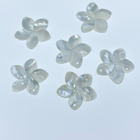 6pc 17mm Hand Carved White Mother of Pearl Plumeria Flower Pendants