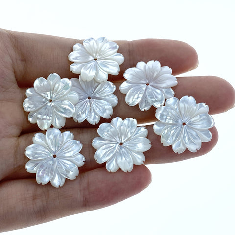 6pc Daisy Flower White Mother Of Pearl Beads Charms Pendants 20mm Bridal Jewelry Earrings Making Hand Carved Minimalistic Design WM-0023