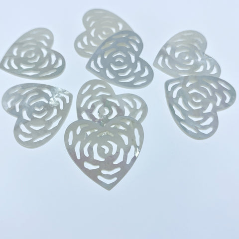 2pc Mother Of Pearl Heart Rose Filigree Charm Beads 24mm Pendants Hand Carved Natural Organic DIY Jewelry Earring Making Minimalist WM-0105