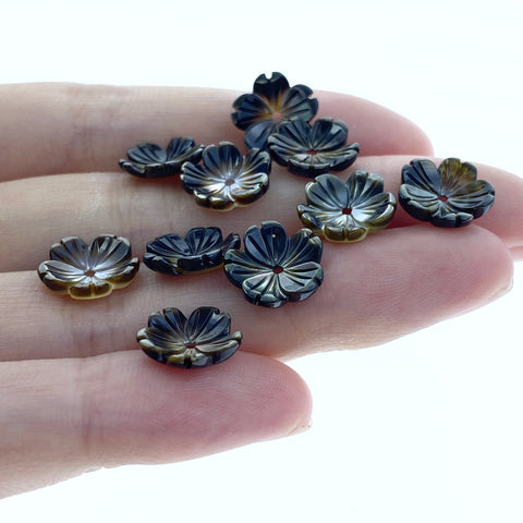 10pc Flower Beads Black Mother Of Pearl Beads Charms 10mm Hand Carved BM-0035