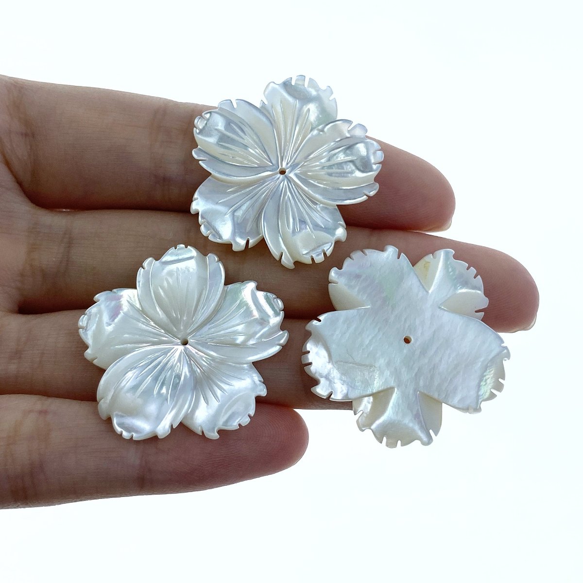 4pc 28mm Hand Carved White Mother of Pearl 5-petal Flower Beads WM-0222