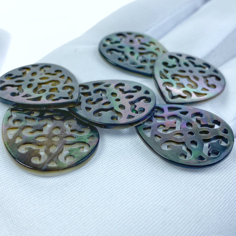 2pc Filigree Drop Black Mother Of Pearl 25mm Natural Beads Charms Pendants Jewelry Earring Making Organic Shell Hand Carved Hawaii BM-0037