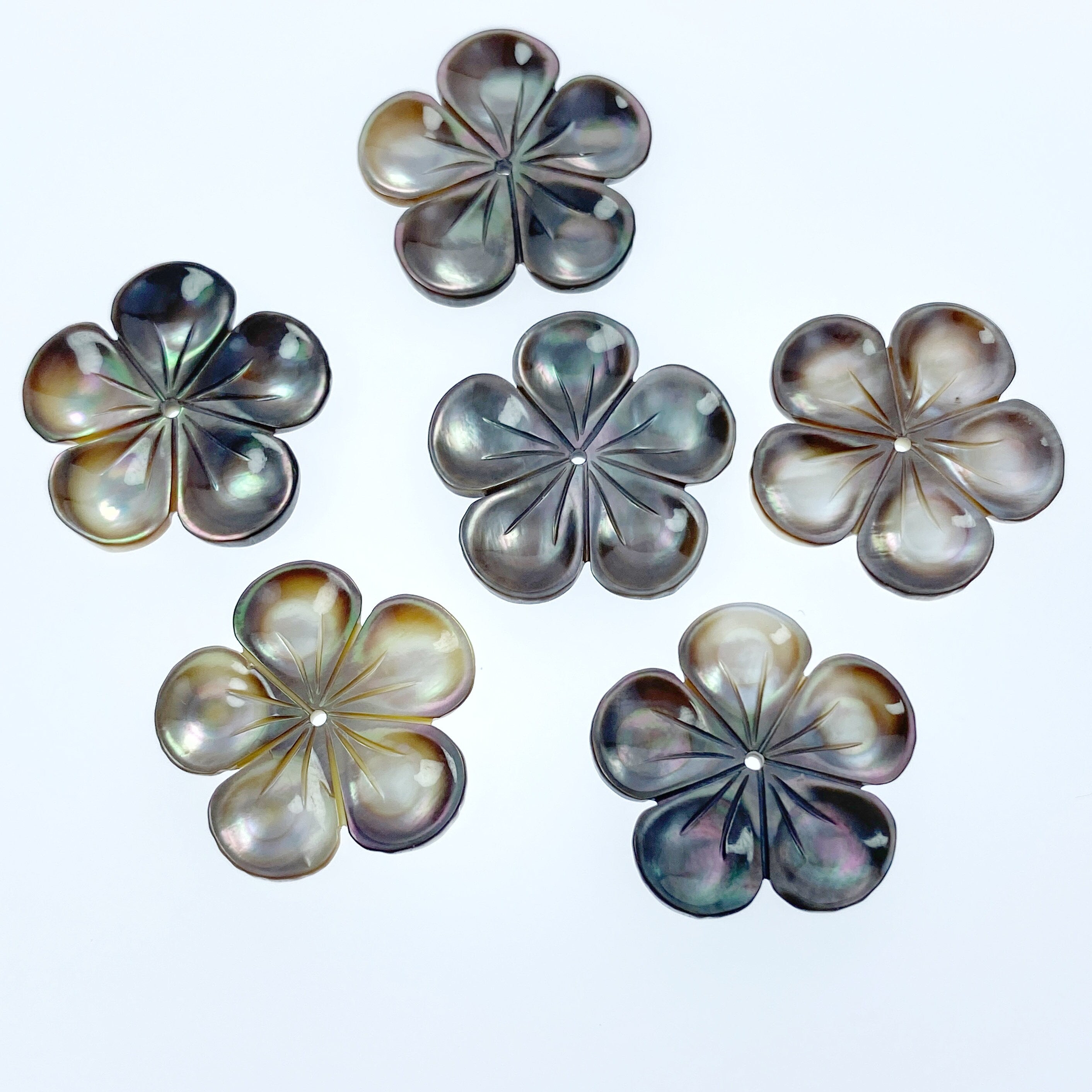 6pc 20mm Hand Carved Black Mother of Pearl 5-petal Flower Beads BM-0092