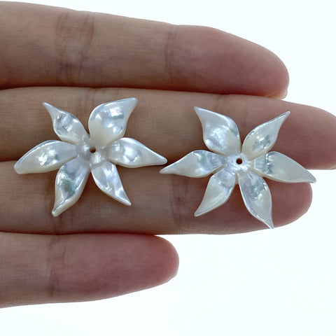 4pc 6 Petal Flower Mother Of Pearl Beads Charms Bridal Earring Jewelry Making 28mm Tropical Hawaii Minimalist Design Hand Carved New WM-0043