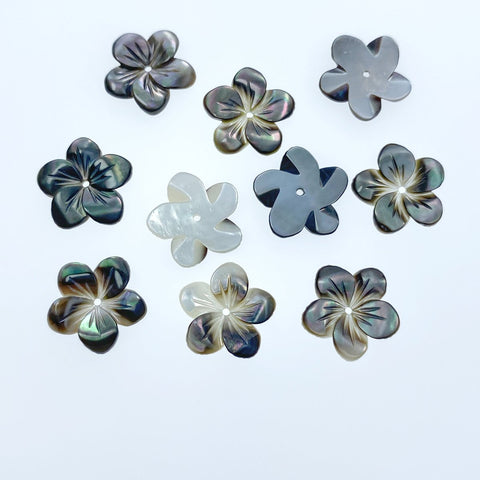 10pc Hand Carved Black Mother of Pearl 14mm 5-petal Flower Beads BM-0108