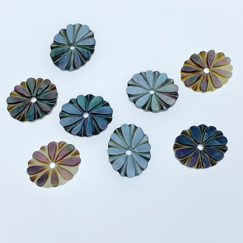 Daisy Flower Beads Black Mother Of Pearl 12mm Hand Carved Charms BM-0065