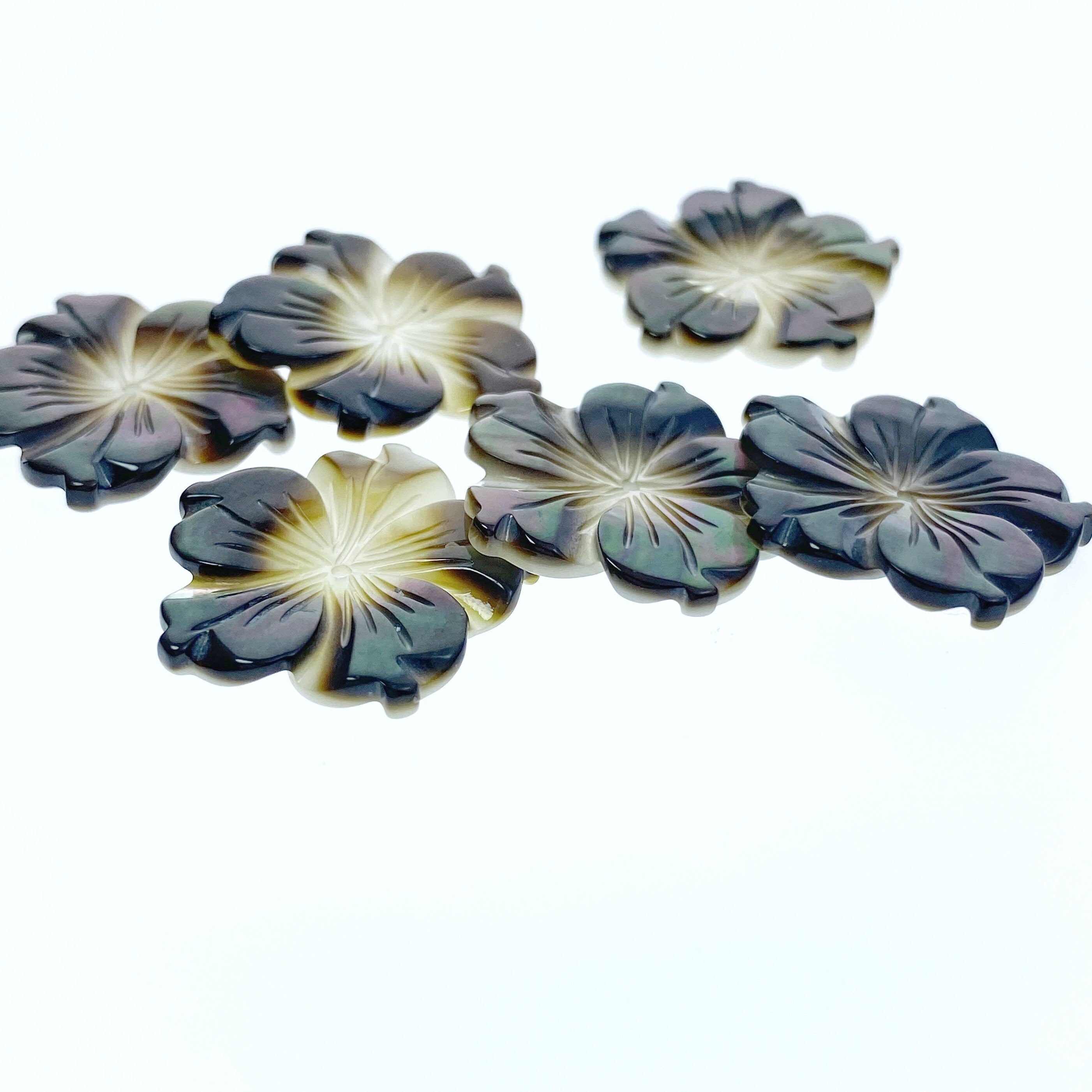 6pc 20mm Hand Carved Black Mother of Pearl Bauhinia Flower Beads BM-0075