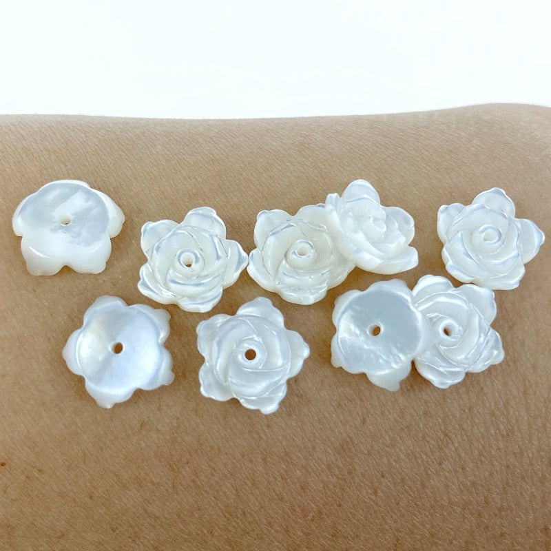 10pc Rose Flower Beads White Mother Of Pearl 10mm Hand Carved WM-0210