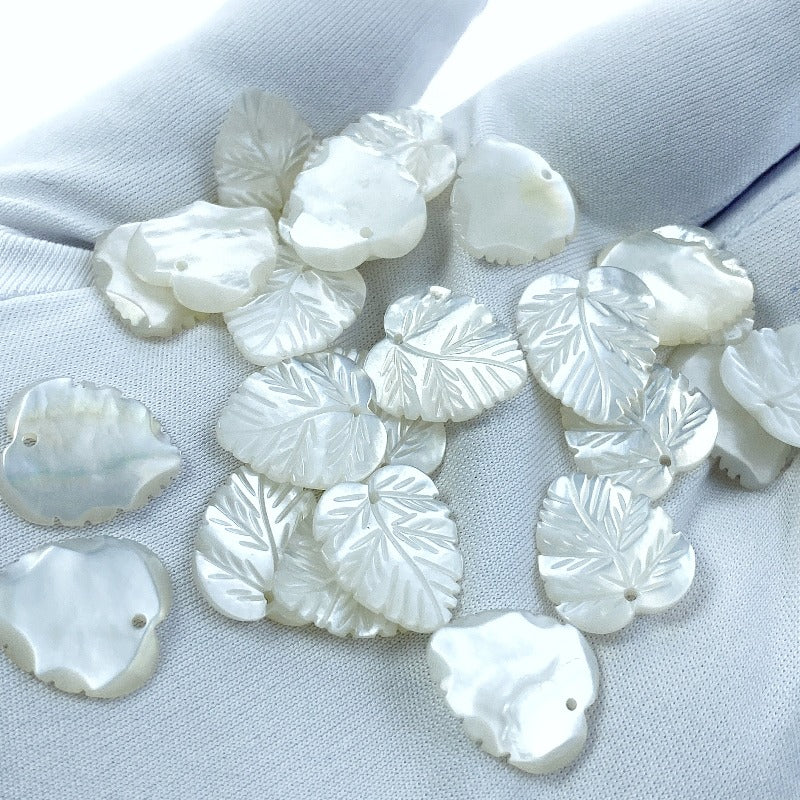 Carved Leaf Beads White Mother Of 14mm Charms WM-0125