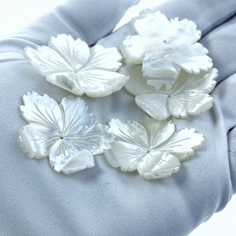 2pc 32-36mm x 27-31mm Hand Carved White Mother of Pearl 5-petal Flower Beads WM-0167