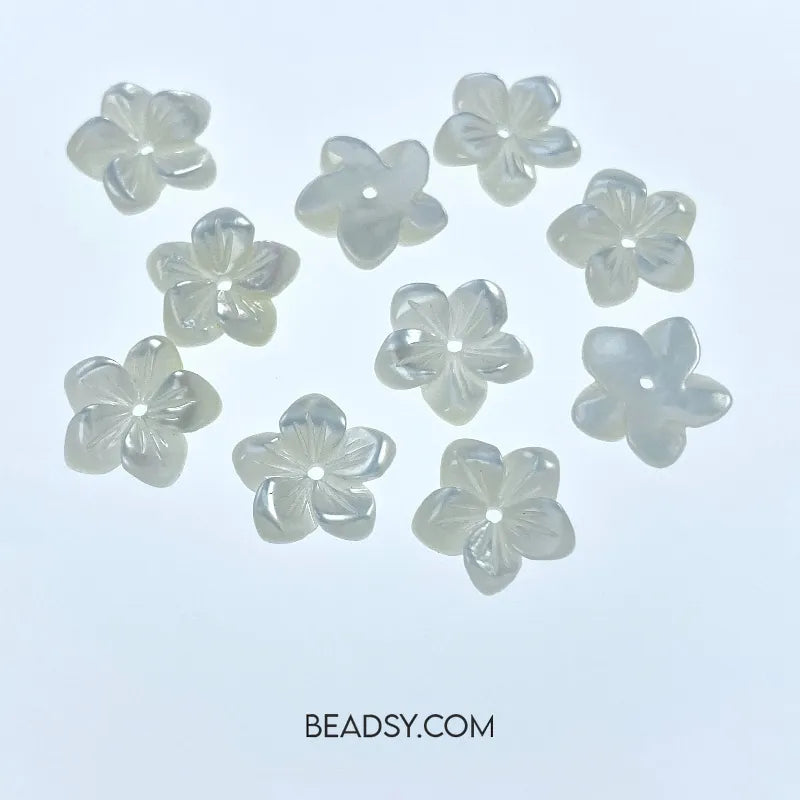 10pc Floral Beads White Mother Of Pearl 10mm Hand Carved For Bridal Jewelry Making WM-0039