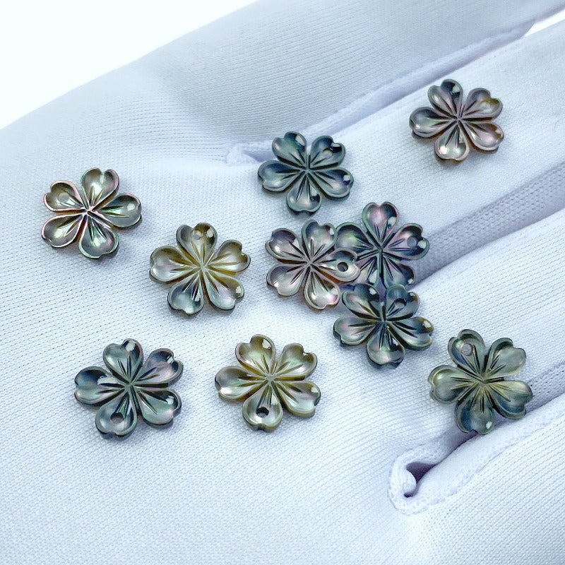 10pc Flower Shaped Black Mother Of Pearl Beads 10mm Hand Carved Floral Charms Pendants BM-0045