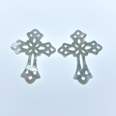 2pc 24mm x 30mm Organic White Mother of Pearl Filigree Cross Connectors Pendants WM-0224