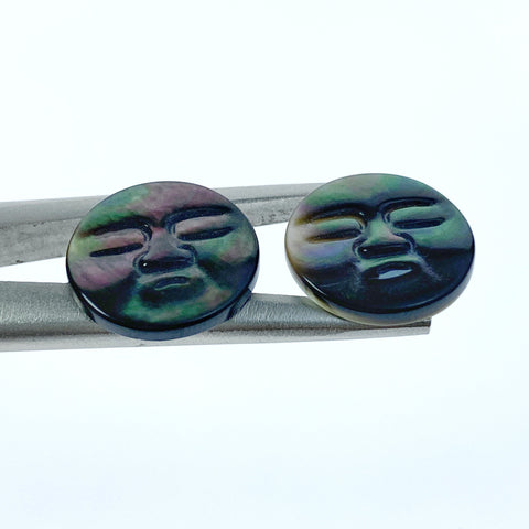 2pc Black Moon Face Beads Mother Of Pearl 15mm Round Cabochon Hand Carved Natural Organic Charms Paua Shell For Jewelry Making BM-0118