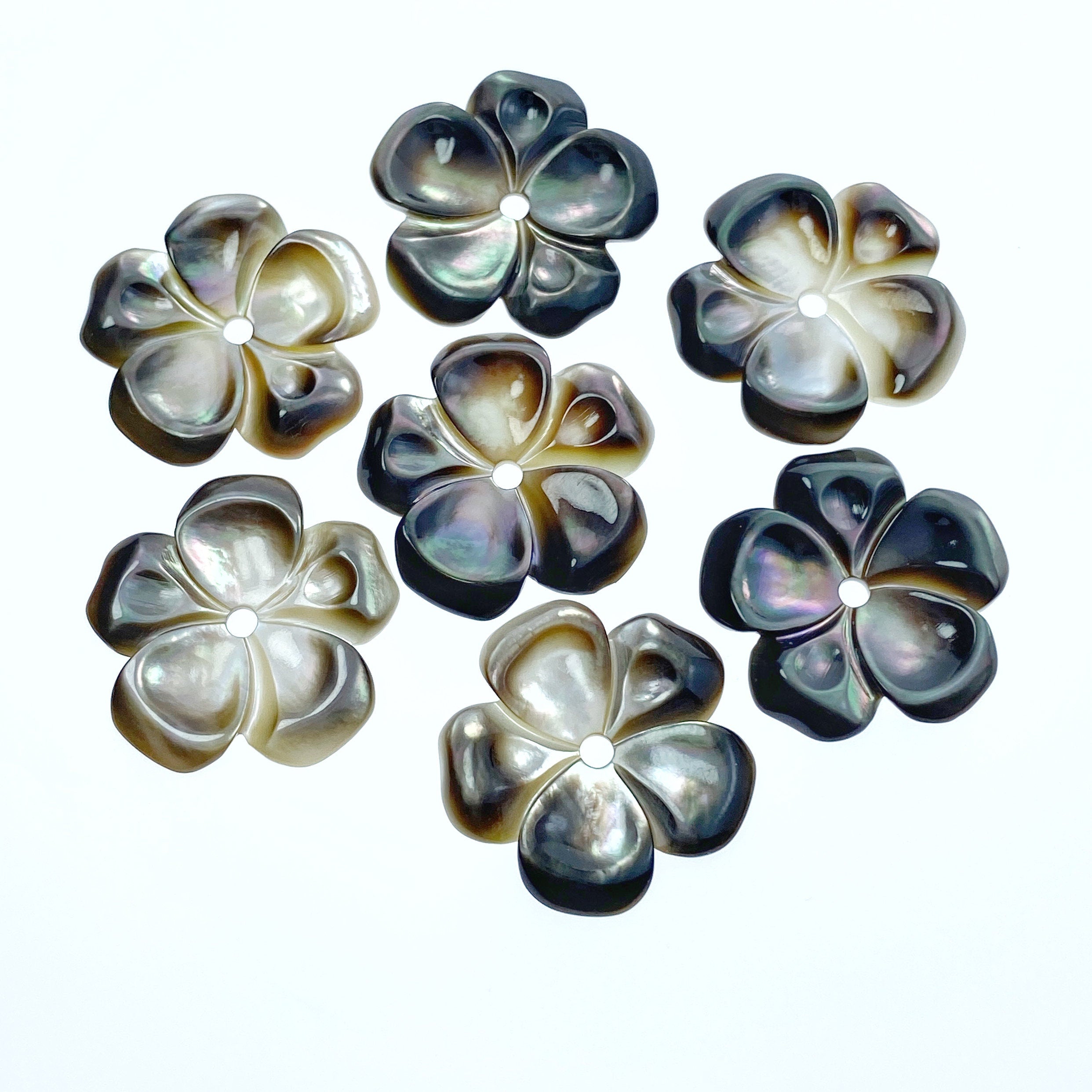 6pc 20mm Hand Carved Black Mother of Pearl 5-petal Flower Beads BM-0088