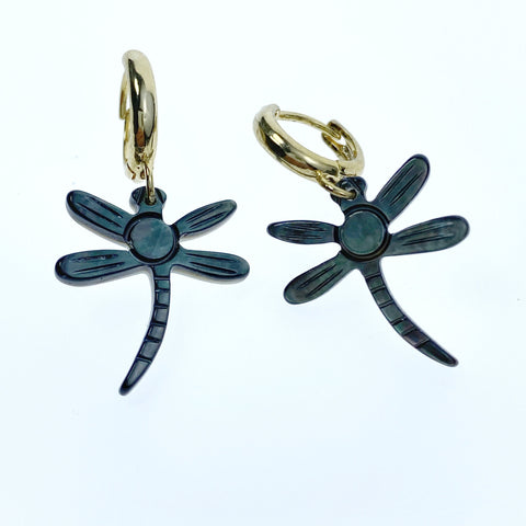 2pair 18mm x 20mm Hand Carved Black Mother of Pearl Dragonfly Charms Pendants BM-0060