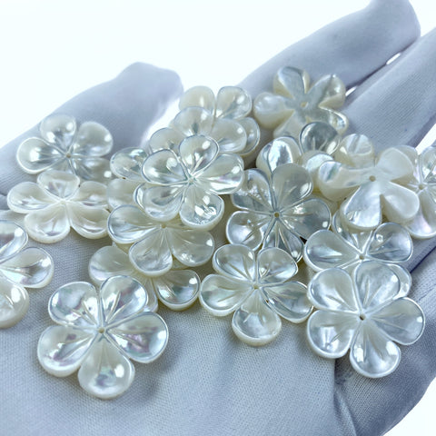 6pc 20mm Hand Carved White Mother of Pearl 5-petal Flower Beads WM-0156