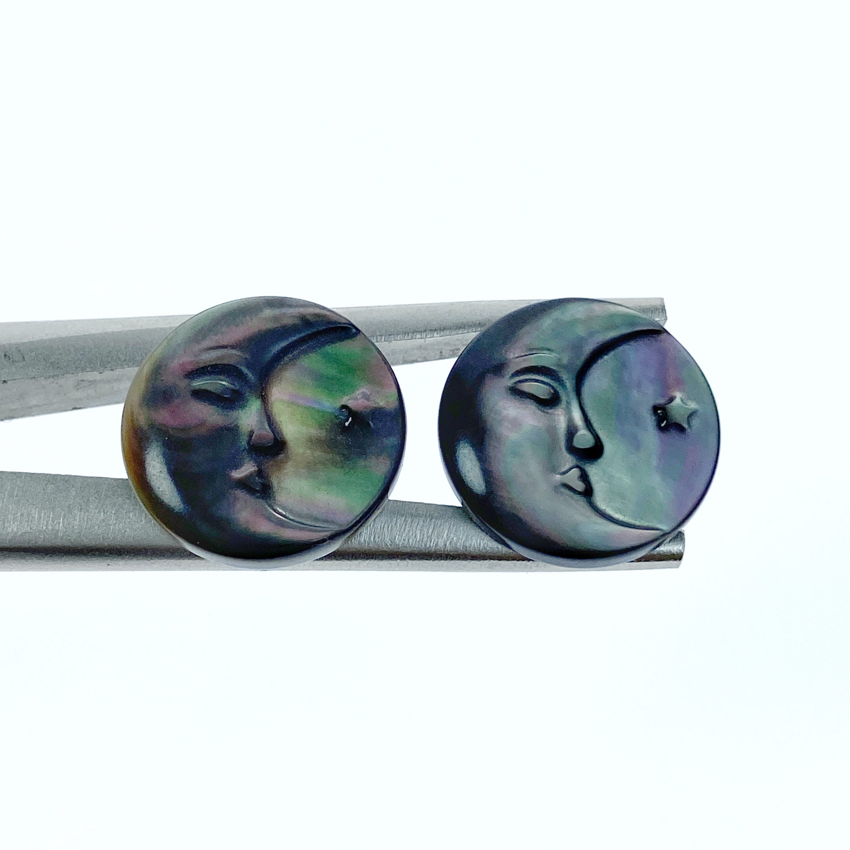 2pc Black Mother Of Pearl Moon And Star Cabochon Beads 15mm Hand Carved Natural Organic Celestial For Jewelry Earrings Making BM-0017