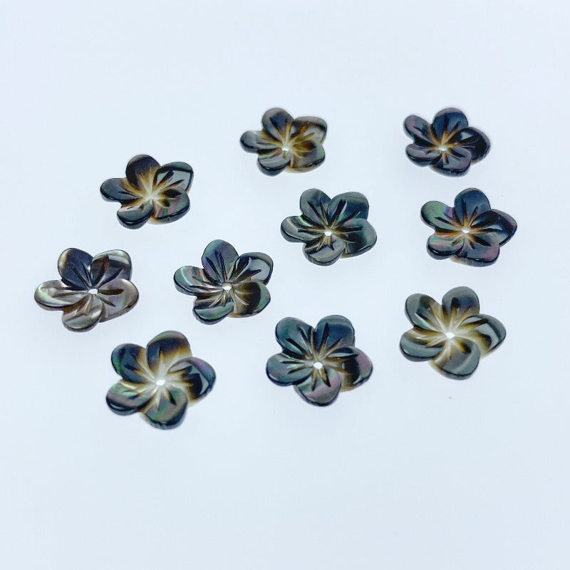 10pc Tropical Flower Black Mother Of Pearl Beads 10mm Hand Carved Hawaiian Flower CharmsBM-0020