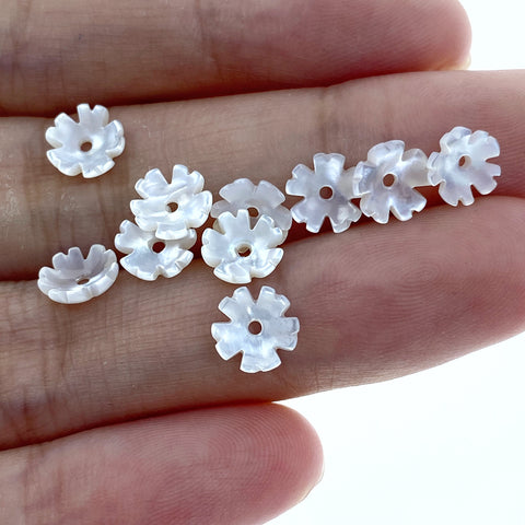 10pc 6mm Hand Carved White Mother of Pearl 5-petal Flower Bowl Beads WM-0026