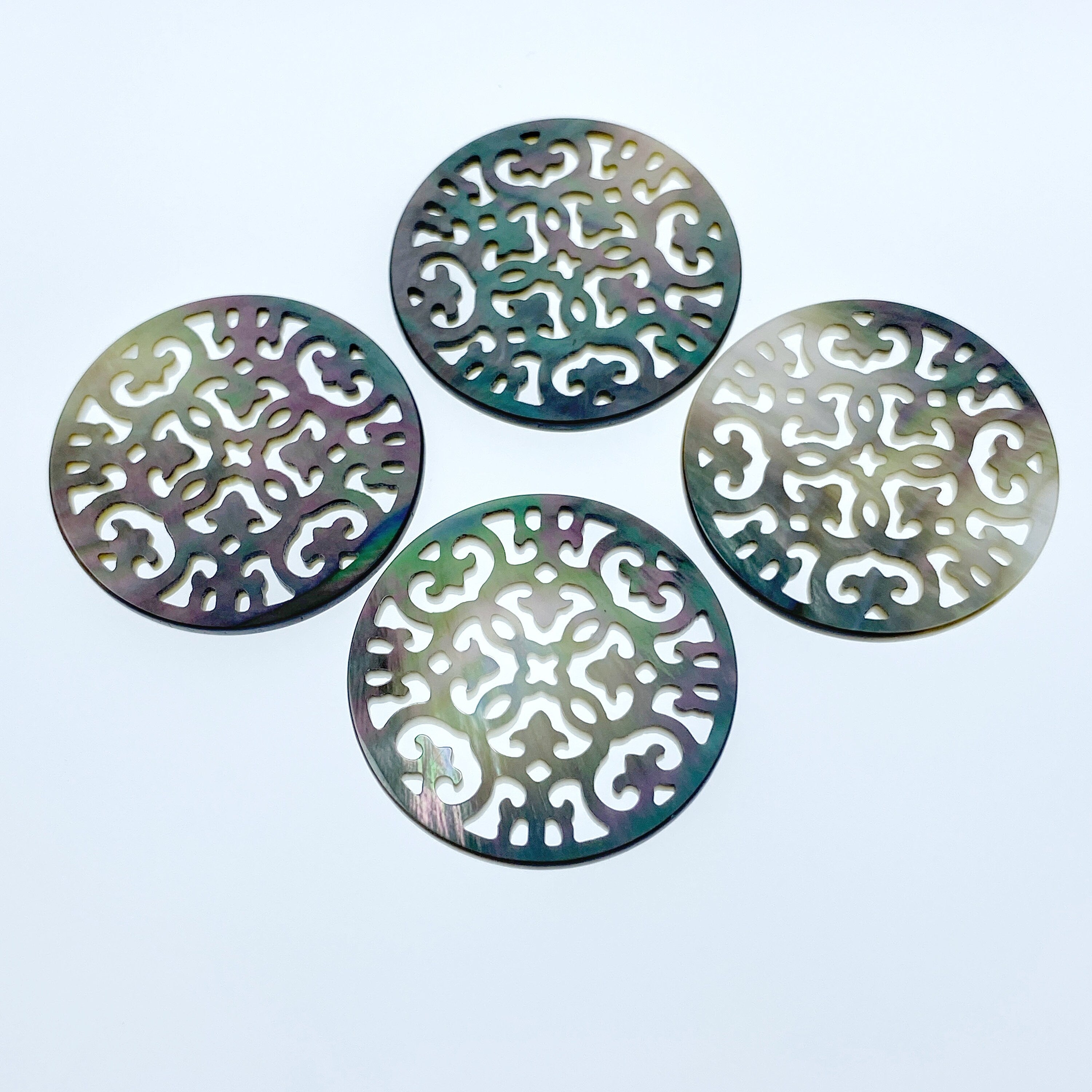 2pc Black Mother of Pearl Filigree Round Pendants 30mm Organic Hand Carved Minimalistic Design Earrings DIY Jewelry Beads BM-0052